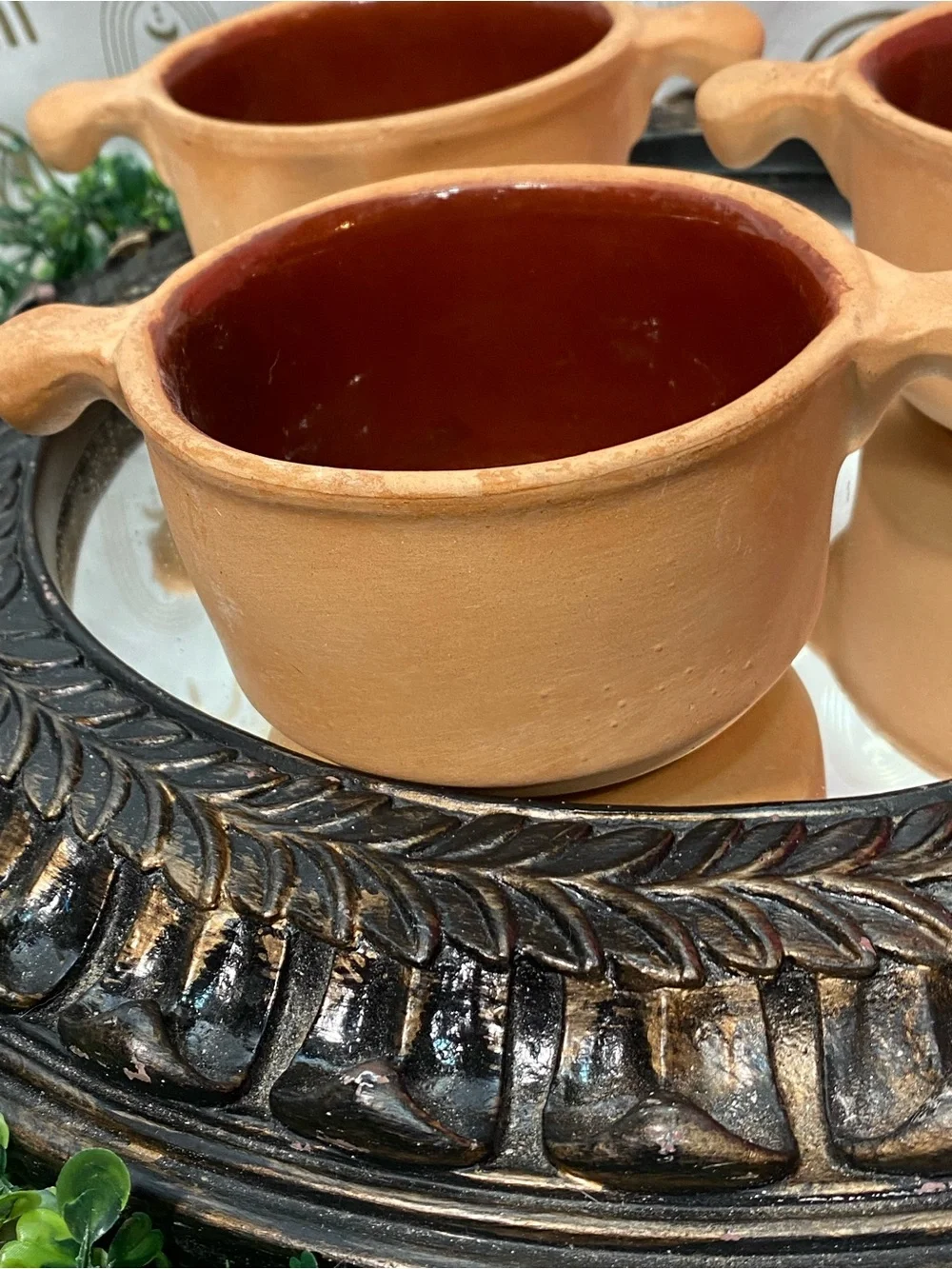 Set of 3 Vintage Terracotta Double-Handled Soup Bowls - Brown Interior